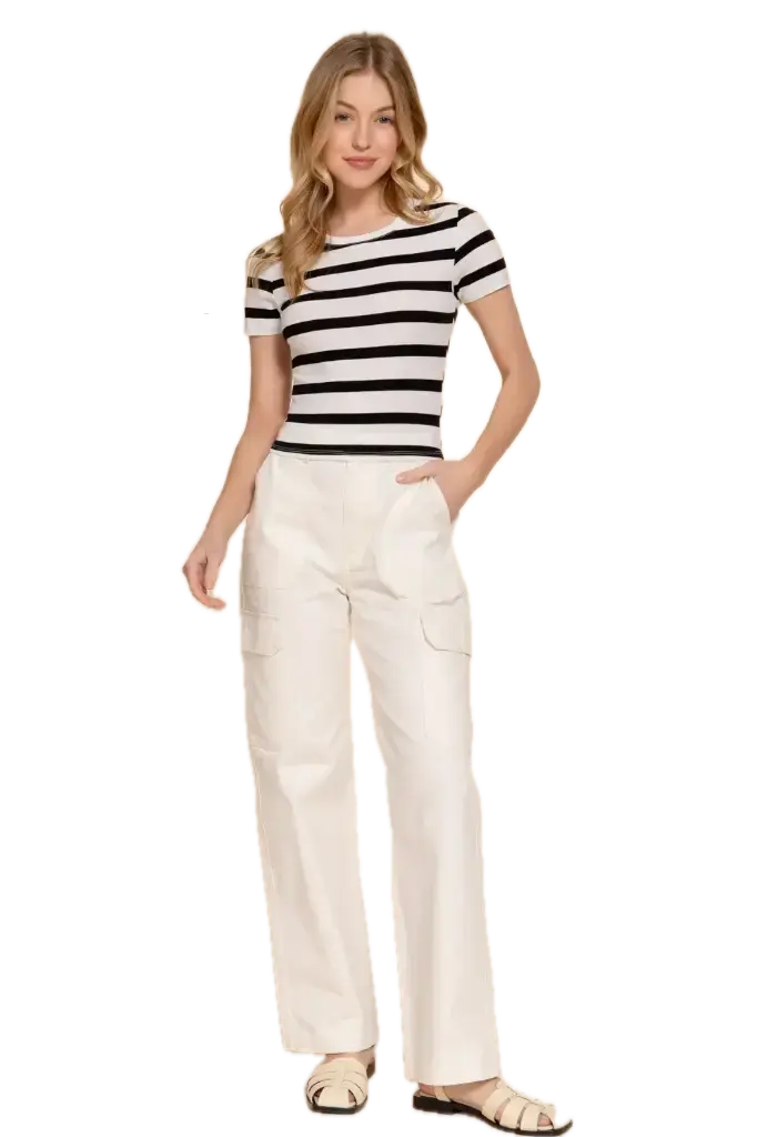 SHORT SLV Y/D STRIPE KNIT CROP TOP  (Black, S)