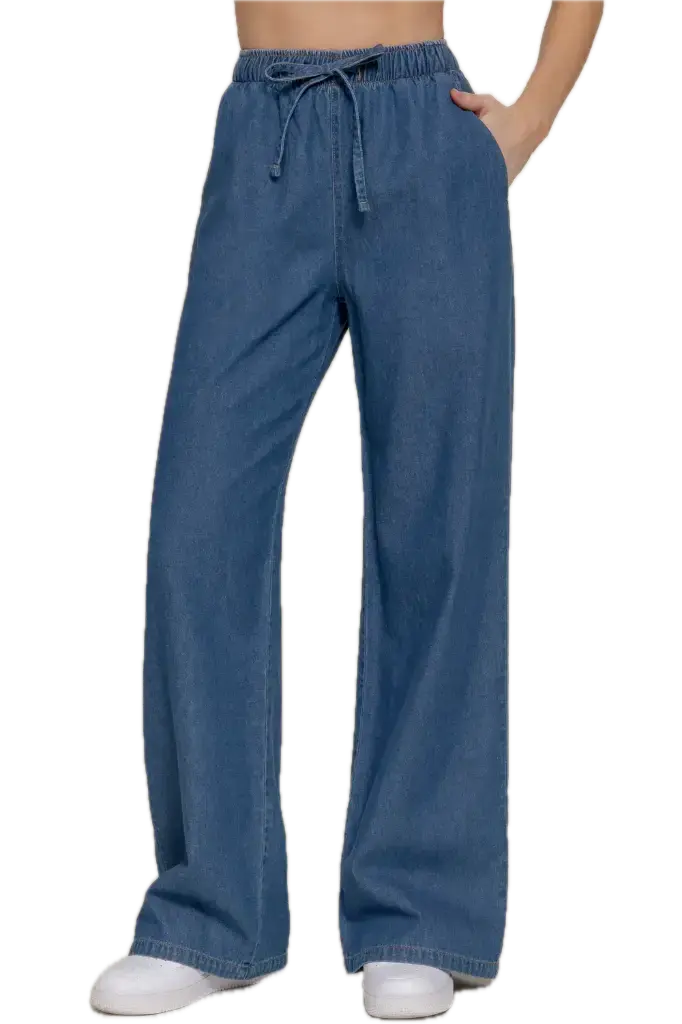 ELASTIC WAISTBAND STRAIGHT DENIM LONG PANTS 