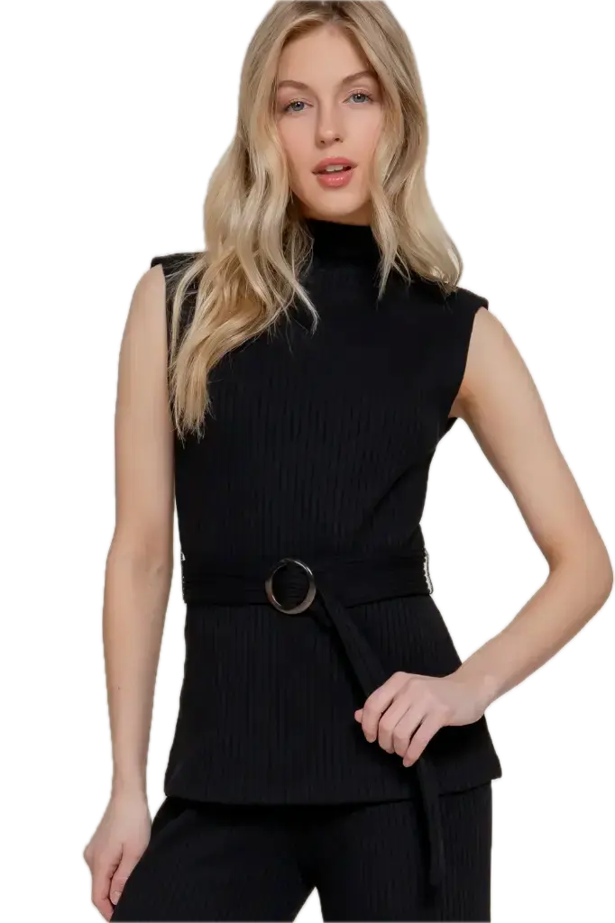 SLEEVELESS MOCK NECK WAIST BELT RIB KNIT TOP (Black, S)