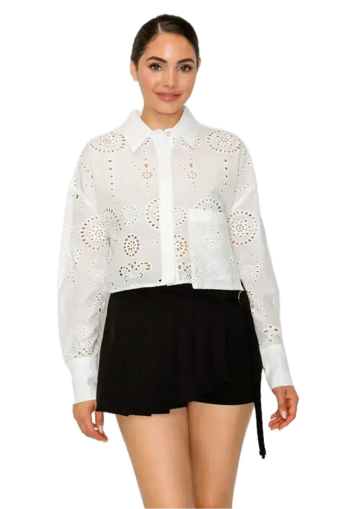 Eyelet Buttoned Textured Shirt Top (S)