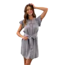 Women's Chambray Button Up Flounce Sleeve Belted Mini Dress