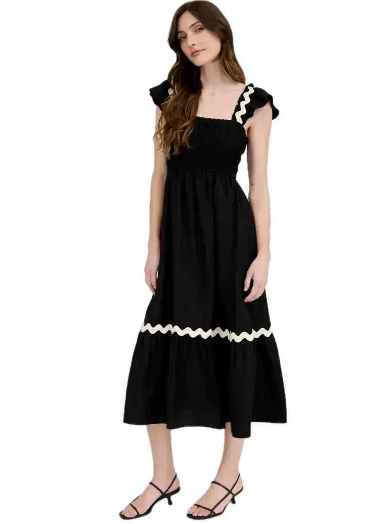 Rick Rack Trim Flutter Sleeve Midi Dress