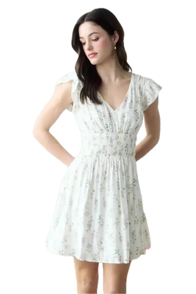 Floral V-Neck Short Sleeve Shirred Waist Mini Dress