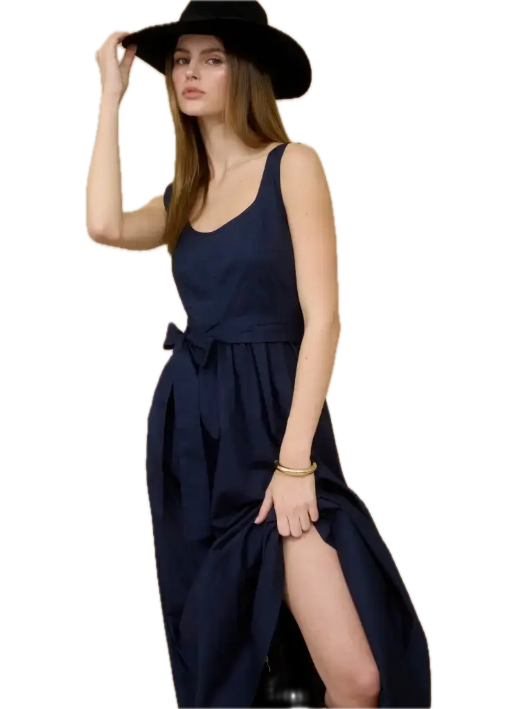 SLEEVELESS BELT TIE STRAP A-LINE MIDI DRESS (Navy, S)