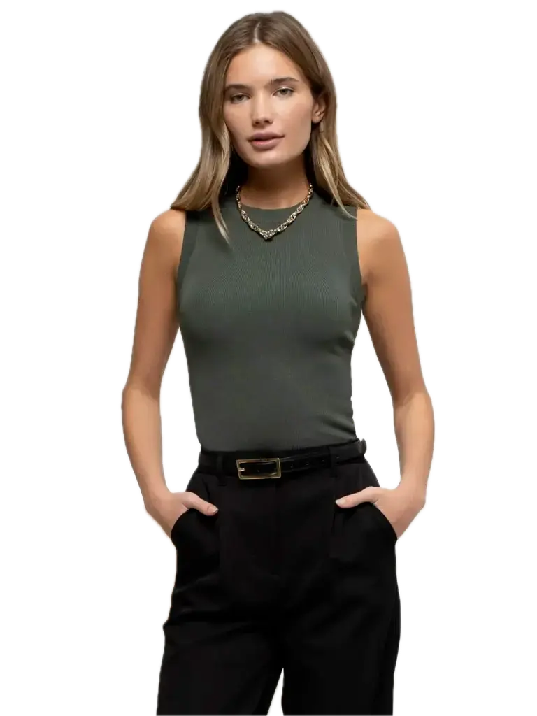 SLEEVELESS ROUND NECK SWEATER KNIT TOP (Green, S)