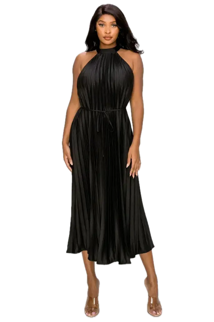 Pleated Halter Maxi Dress (Black, S)