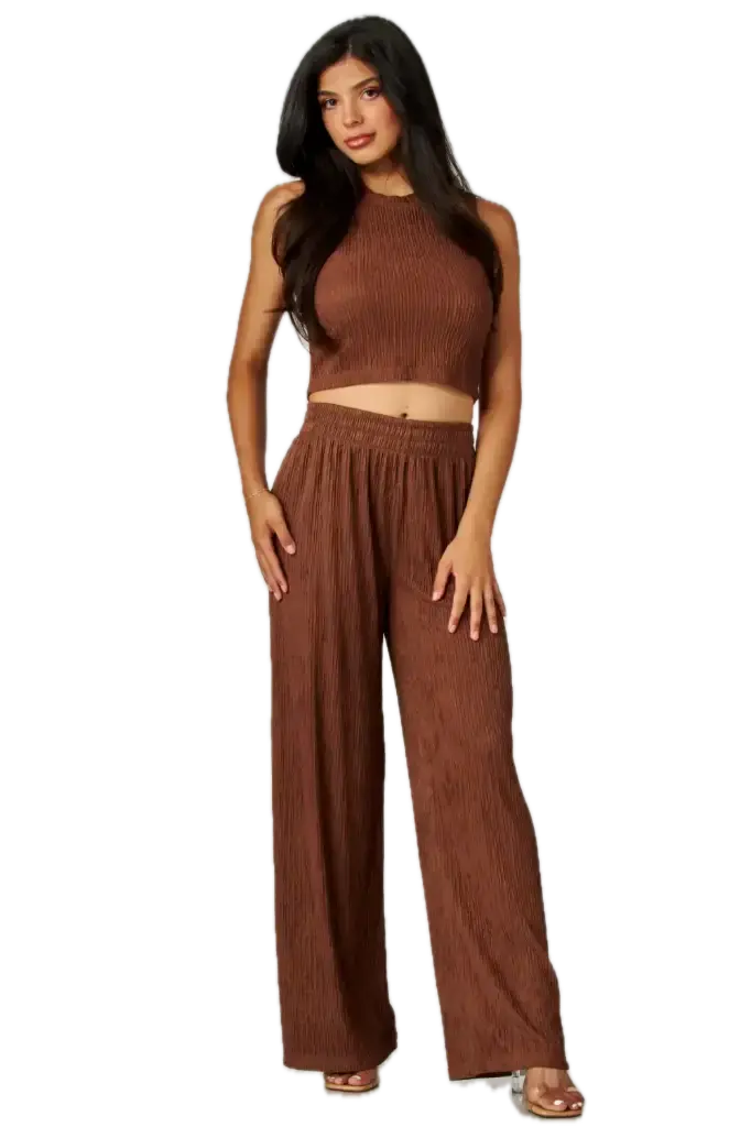 Crinkled Plisse 2pc Loungewear Set (Chestnut Brown, S)