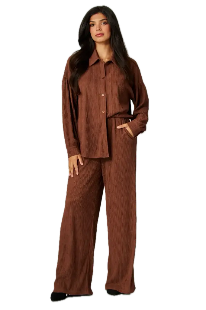Crinkled Plisse Button Down Shirt Loungewear Set