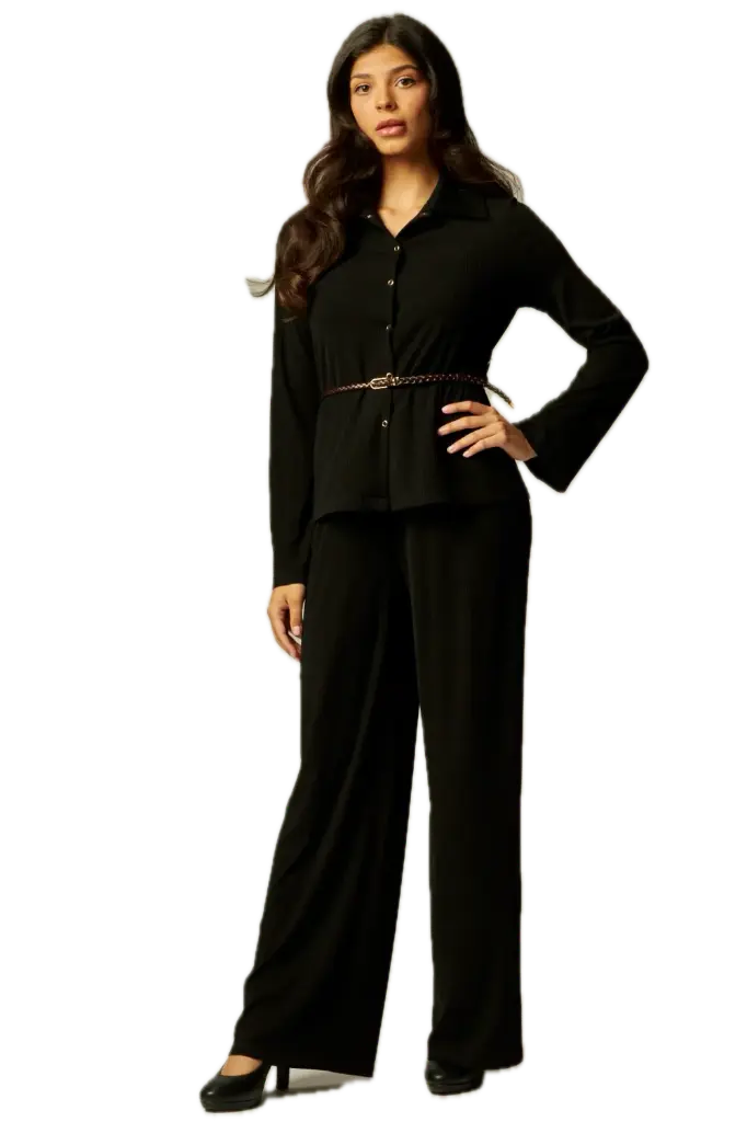 Ribbed Collar Button Up 2pc Belted Pants Set (Black, S)