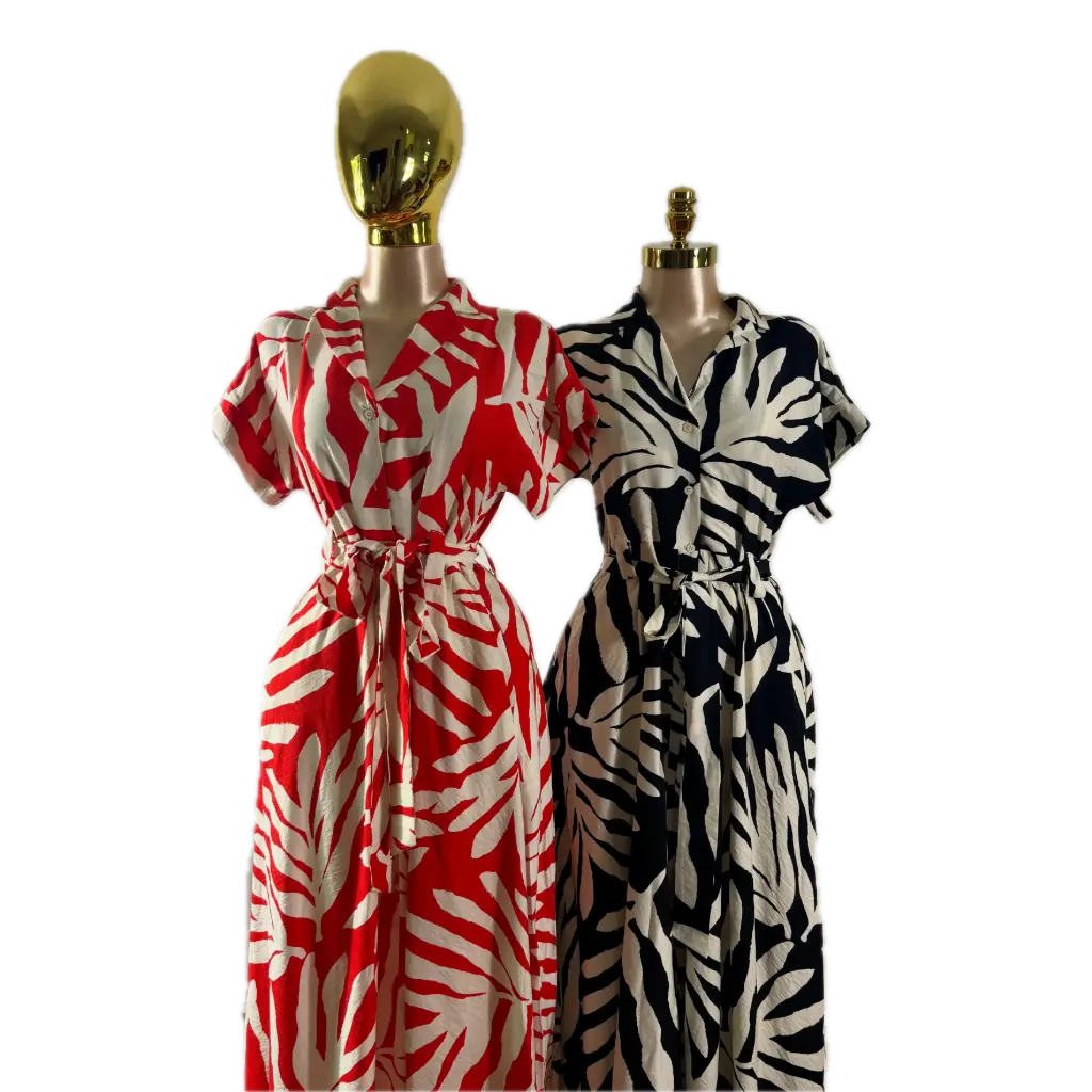 Tropical Leaf Print Shirt Dress with Belt