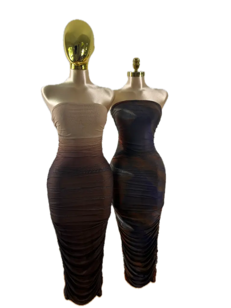 Ruched Strapless Bodycon Midi Dress Mesh