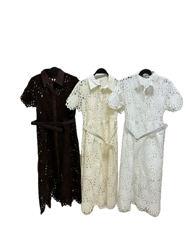 M8199 Elegant Eyelet Button-Down Dress (Beige, S)