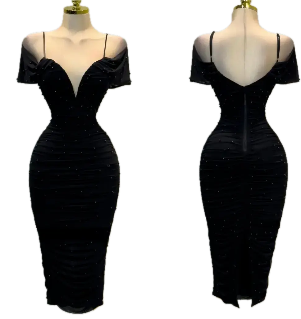 ID14138 Off-Shoulder Ruched Midi Dress with Beaded Detail (Black, S)