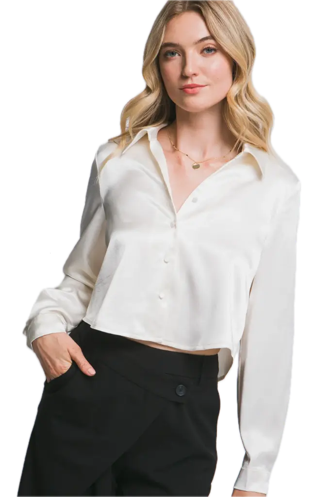 10383TN Cropped Satin Button- Up Shirt