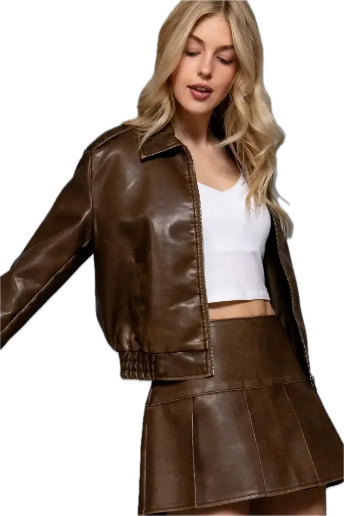 J14584 Long Slv Wash Effect Faux Leather Jacket (S)