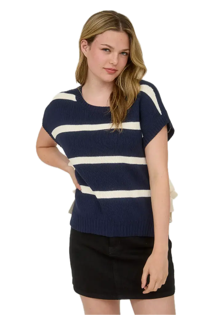 CR2704 Stripe Side Tie Short Sleeve Knit Sweater