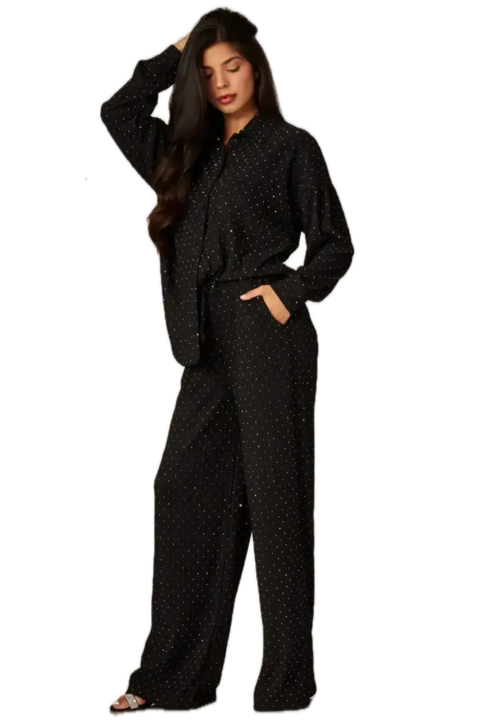 IRIS-11HR Crinkled Rhinestone Button Down Shirt Loungewear Set