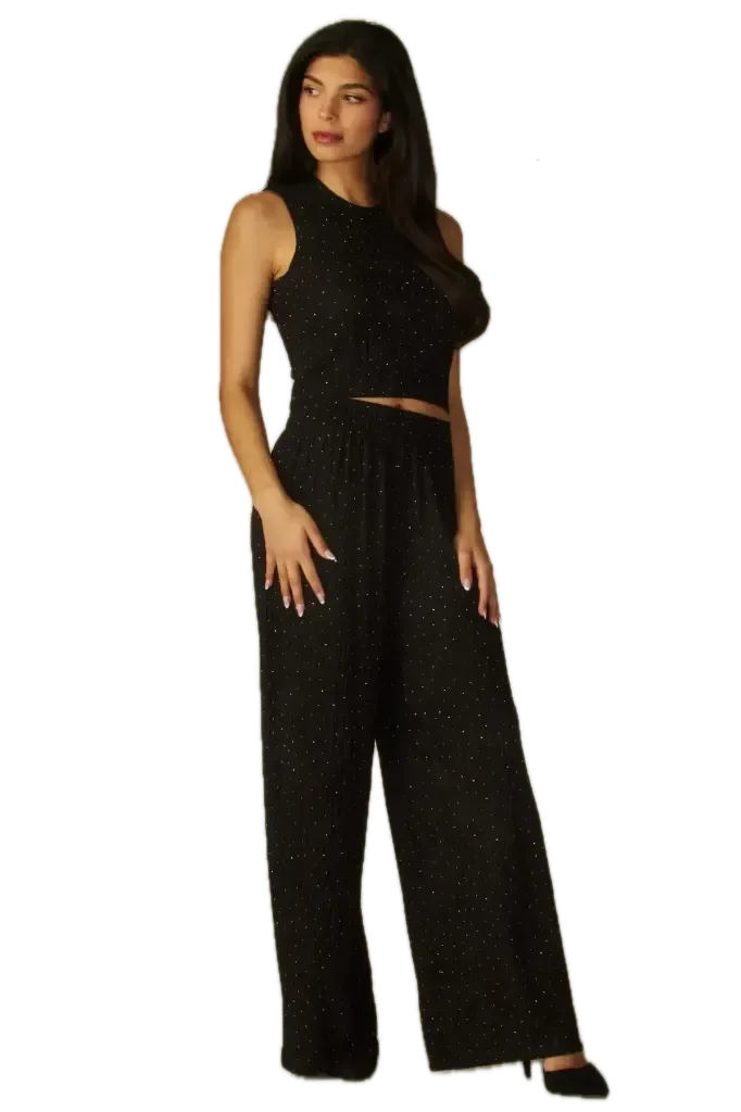 IRIS-1RH Crinkled Rhinestone Crop Top Loungewear Pant Set  (Black, S)