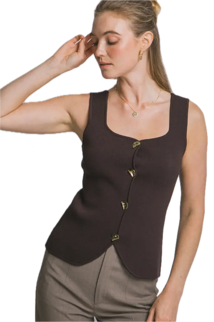 90340VN Heart Neck Golden Button Up Top 