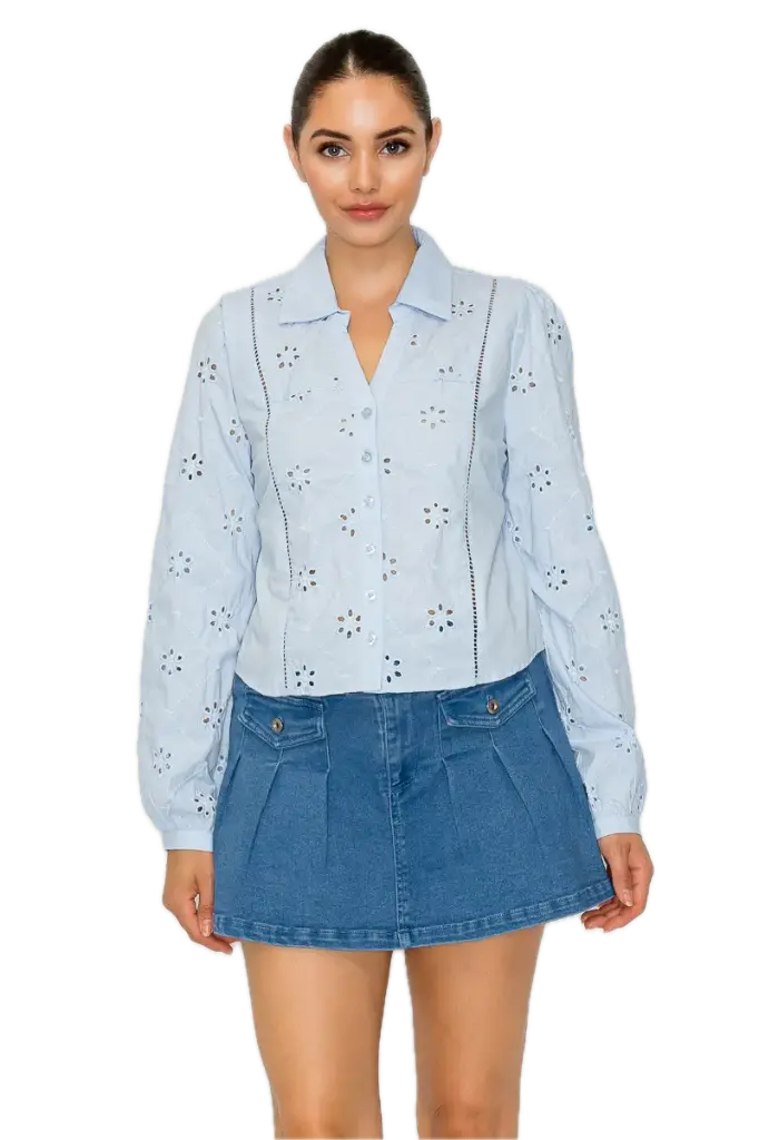 HMT57321 Embroidered Eyelet Collared Top