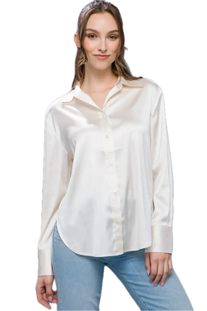 10234TH Satin Button Up Long Sleeve Top