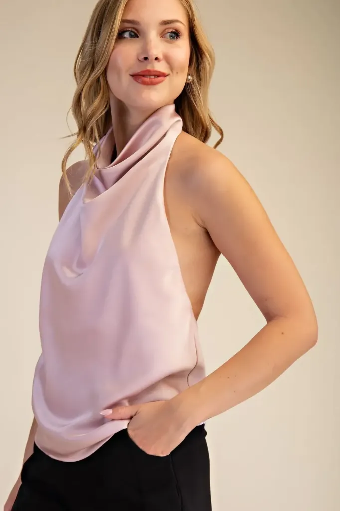 GT9721 Halter Neck Cowl Neck Sleeveless Satin Top (Pink, S)