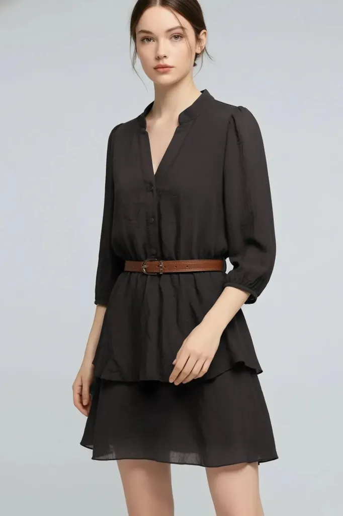 4939DN Long-Sleeve Tiered Mini Dress (Black, S)