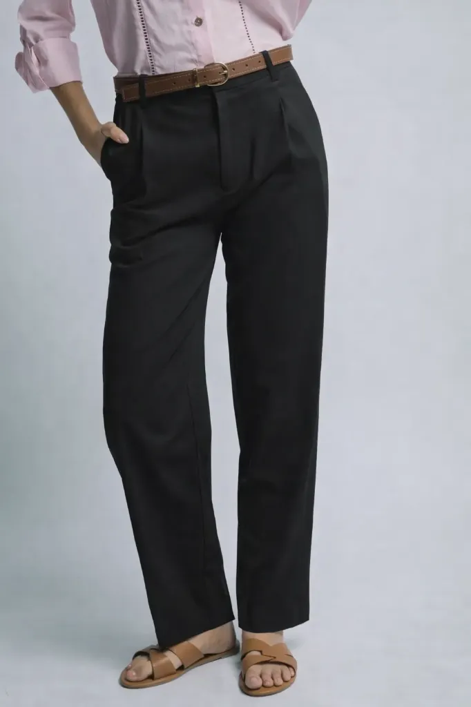 60110PN High Waisted Linen Trousers W/Belt (Black, S)