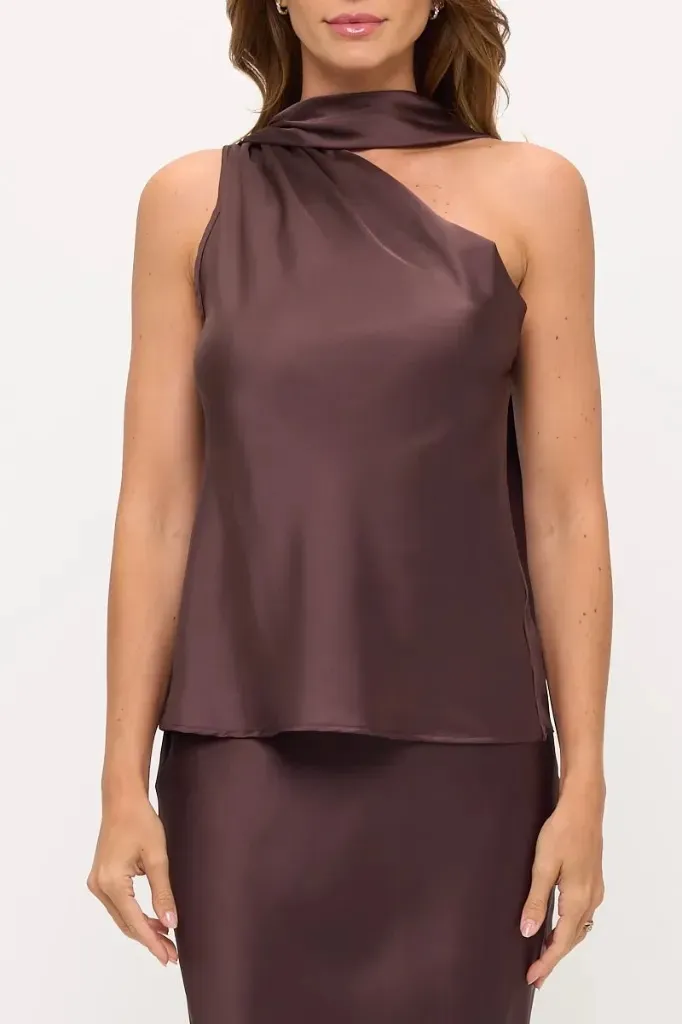 5267TP One Shoulder Satin Top W Scarf Detail (Brown, S)