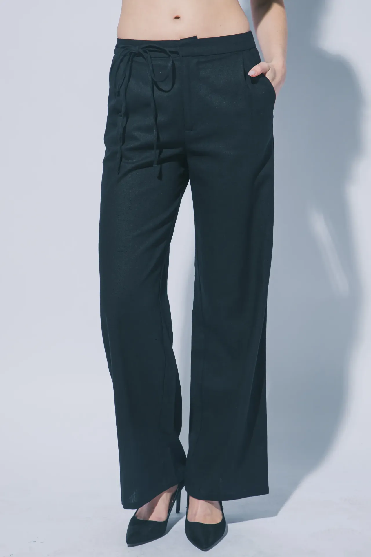 60111PL Wide Leg Linen Trousers With Tie Belt (Black, S)