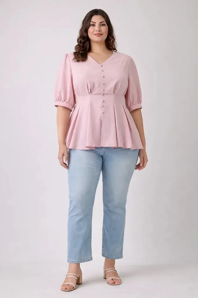 B313 Plus Size Puff Sleeve Button-front Blouse (Pink, XL)