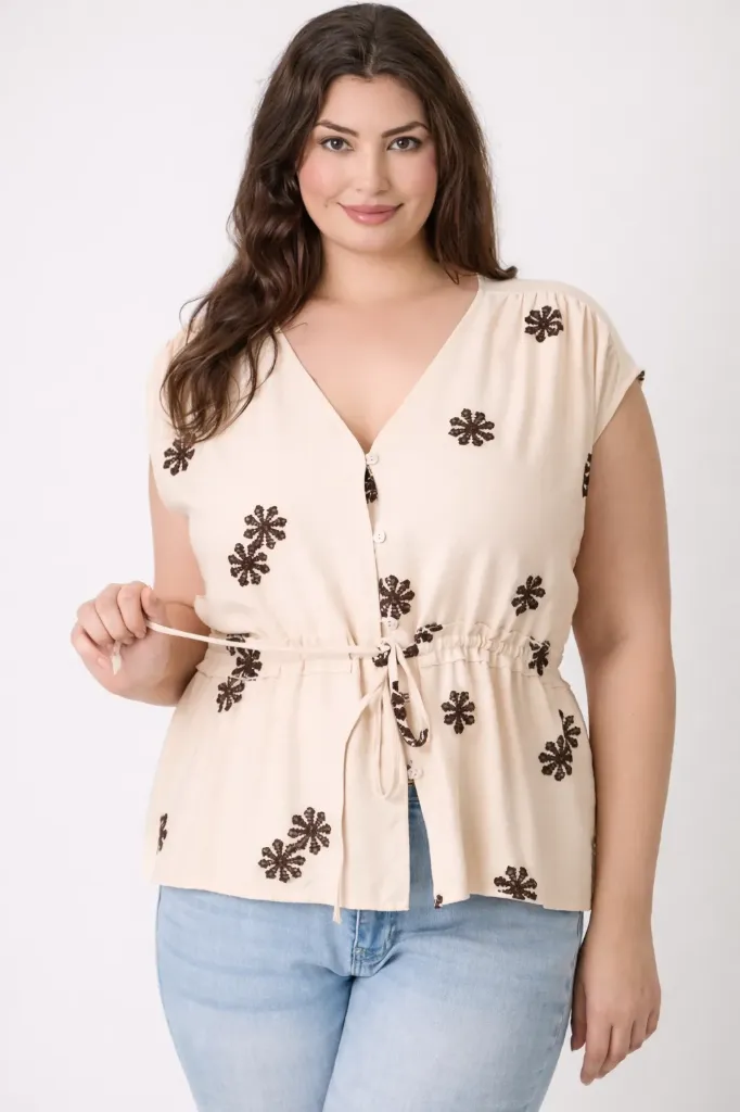 B388 Plus Size Embroidered Drawstring Top (XL)