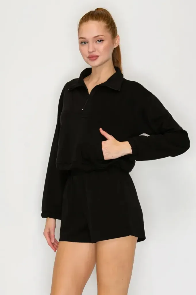 BSET03445 Solid Half-Zip Top and Elastic Shorts Set (Black, S)