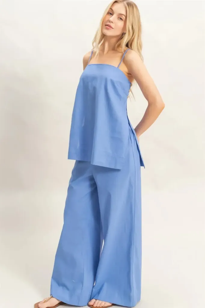 HF26C304-SET Spaghetti Strap Top & Wide-leg Pants Set (Blue, S)
