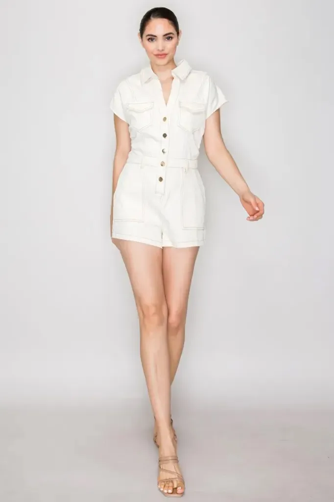 HMP41030A Collared Belted Denim Romper (Ivory, S)