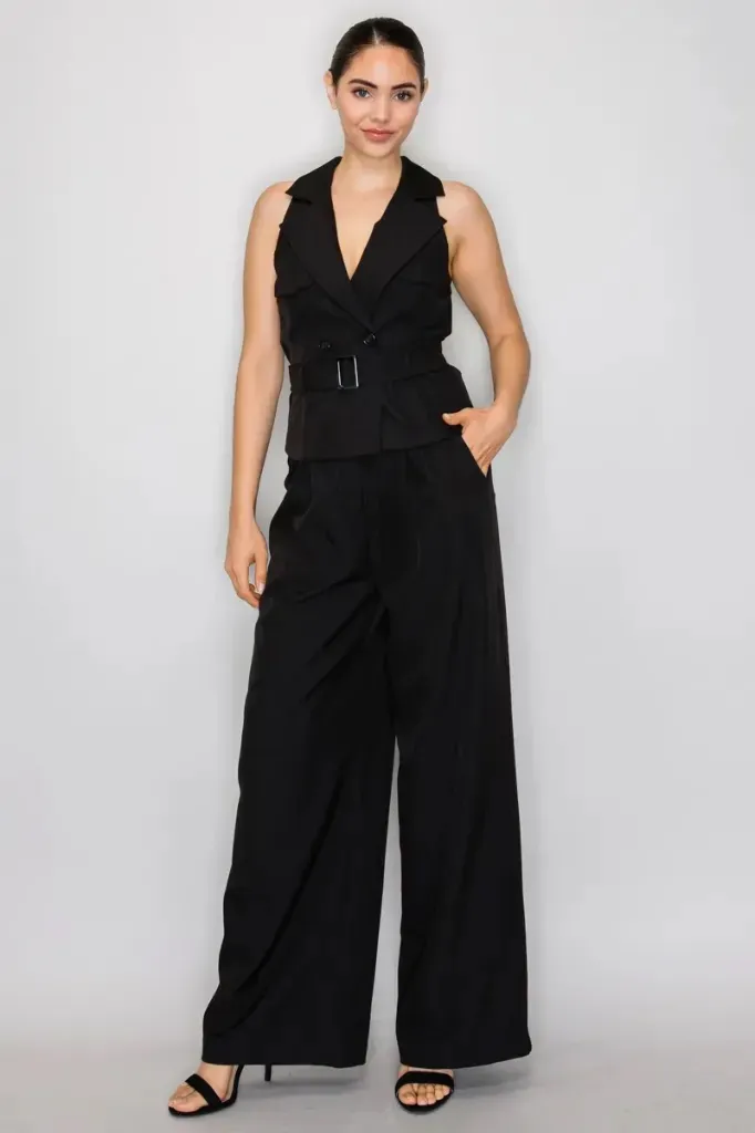 HMP41034 Belted Notch Wrap Wide-Leg Jumpsuit (Black, S)