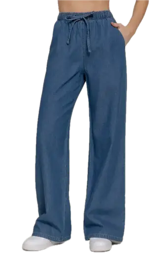 ELASTIC WAISTBAND STRAIGHT DENIM LONG PANTS 