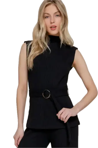 SLEEVELESS MOCK NECK WAIST BELT RIB KNIT TOP