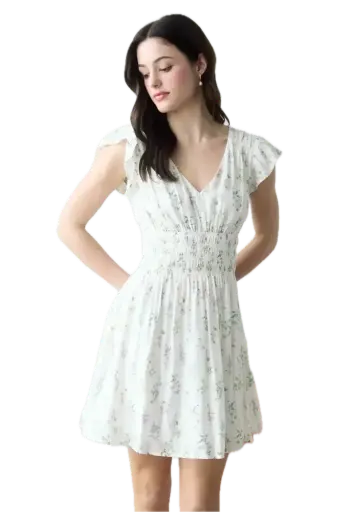 Floral V-Neck Short Sleeve Shirred Waist Mini Dress