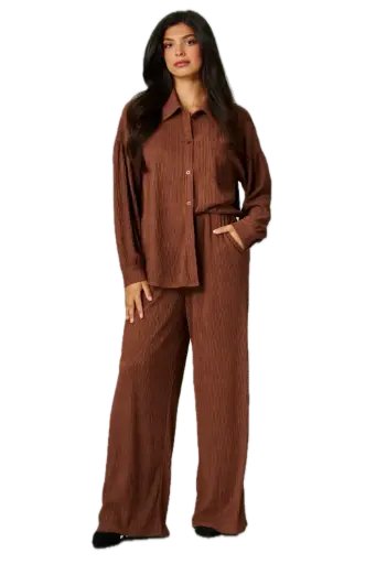 Crinkled Plisse Button Down Shirt Loungewear Set