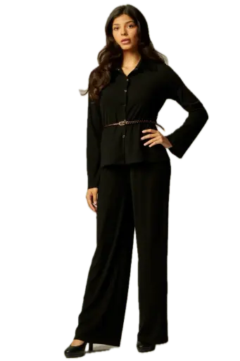 Ribbed Collar Button Up 2pc Belted Pants Set