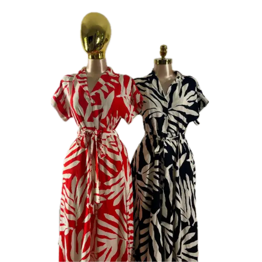 Tropical Leaf Print Shirt Dress with Belt