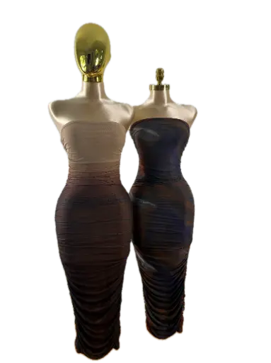 Ruched Strapless Bodycon Midi Dress Mesh