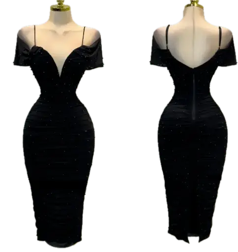 ID14138 Off-Shoulder Ruched Midi Dress with Beaded Detail