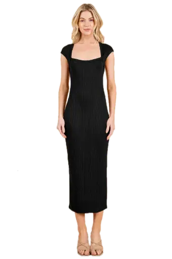 RD53548A Cap Sleeve Ribed Back Slit Midi Dress