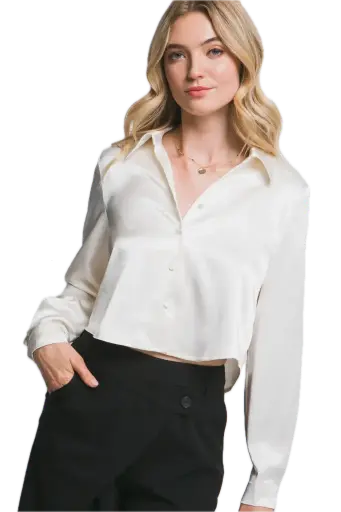 10383TN Cropped Satin Button- Up Shirt
