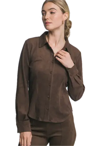 10382TN Collared Long Sleeve Suede Shirt 