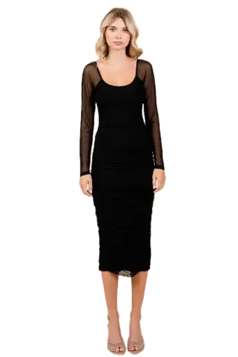 LD53933L Ruched Cut Out Back Mix Meshed Long Sleeve Midi Dress