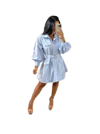 R6070 Belted Shirt Dress with Puff Sleeves