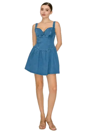 BD05911 Sweetheart Lace Trim Denim Dress 